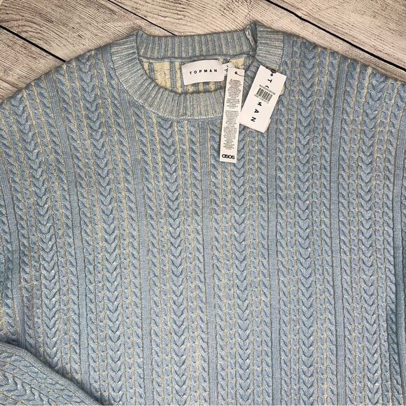 TOPMAN ASOS  NWT Men's Overdye Cable Crewneck Sweater in Light Blue Size Large - Picture 1 of 7